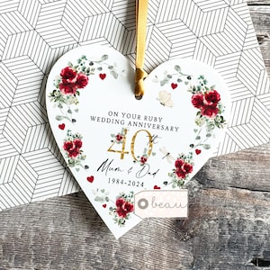 Ornement personnalisé d'anniversaire de mariage rubis, cadeau 40e anniversaire de mariage, 40e anniversaire, cadeau ornement souvenir coeur pour couple