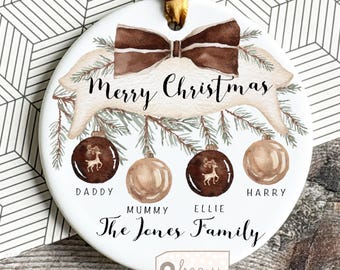 Personalised Family Christmas gift Baubles Greenery Design Acrylic or ceramic Round Ornament Keepsake Tree Bauble decoration gift chocolate