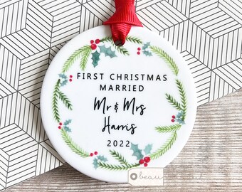 Personalised First Christmas Married Wedding gift Mr Mrs Newlywed Botanical Greenery Wreath Ceramic or Acrylic Round Ornament Keepsake