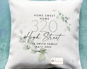 Personalised Home Sweet Home Address Quote Foliage Greenery Design Home Quote Linen Style Cushion cover