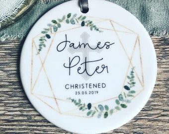 Personalised Christening Baptism Baby Boy Girl Geometric greenery Design Ceramic or Acrylic Round Ornament Keepsake
