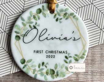 Personalised First Christmas gift Baby Boy Girl Geometric Greenery leaf Design Ceramic or Acrylic Round Ornament Keepsake