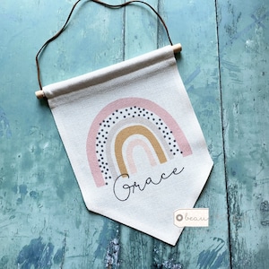 Personalised Name Pastel Rainbow Design Home Quote Boho Linen Style Pennant Flag Room Decor