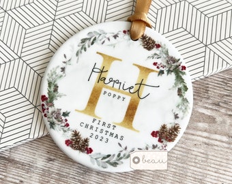 Personalised First Christmas Gift Baby Boy Girl Newborn Greenery Wreath Pinecone Design Ceramic or Acrylic Round Ornament Keepsake
