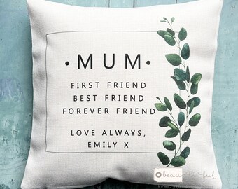 Personalised A Mum is your first friend Mom Mam Gift Quote Pink burgundy Floral Design Home Quote Linen Style Cushion cover