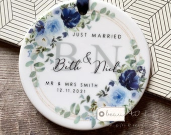 Personalised Just Married Names Mr & Mrs Wedding Blue Bouquet Greenery Wreath Ceramic Round Decoration Ornament Keepsake