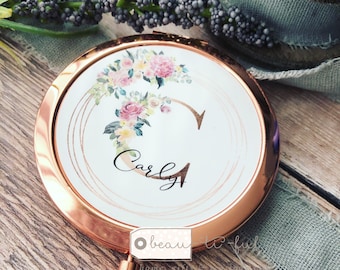 Personalised Name Pink floral Round Rose Gold Compact Pocket Mirror Keepsake Bridesmaid gift friend gift gift for her