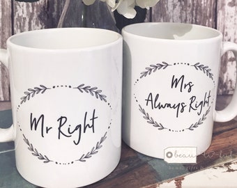 Mr Right Mrs Always Right Newlywed Gift Couple Wedding Gift Mugs Black and white Ceramic Tea mug-coffee Mug-Gift mug