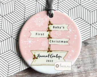 Personalised 1st Christmas Baby Babies Baby’s First Christmas Snowflake Signpost Design Acrylic or ceramic Ornament Keepsake Boy child gift