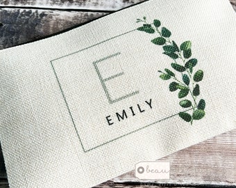 Personalised Name and initial Geometric Greenery Floral Design Linen style Fabric Make up Bag Birthday gift for her mum sister friend