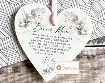 Personalised Bonus Mum Mom Stepmum stepmom Like a mum Thank you gift Heart Ornament Wedding Keepsake Birthday gift for her mother in law