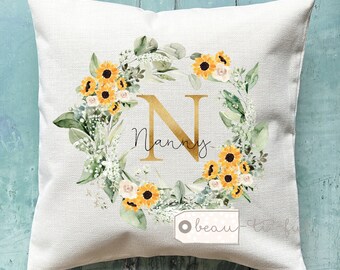 Personalised Name Botanical sunflower Floral Design Home Quote Linen Style Cushion cover