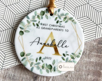 Personalised First Christmas as Grandparents Gran Grandma Nanna New Baby Greenery wreath Ceramic or Acrylic Round Ornament Keepsake