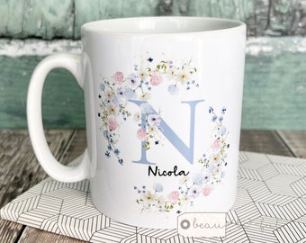 Personalised Name and initial Blue Pink Floral design Ceramic Mug - Tea mug - coffee Mug - Gift mug Friend Birthday gift Mum sister auntie