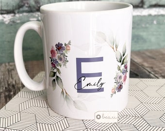 Personalised Name and initial Mauve Blush Floral Eucalyptus Greenery Ceramic Mug - Tea mug - coffee Mug - Gift mug