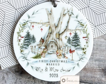 Personalised Wedding gift First Christmas Married as Mr Mrs Newlywed woodland scene Greenery Acrylic or ceramic Round Ornament Keepsake