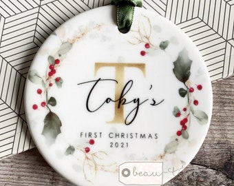 Personalised First Christmas Gift Baby Boy Girl Newborn Greenery Holly Wreath Design Ceramic or Acrylic Round Ornament Keepsake