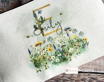 Personalised Name Meadow flowers Design Linen style Fabric Make up Bag Birthday gift for her mum sister friend
