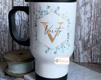 Personalised Name and Initial Eucalyptus Geometric Greenery Design Travel Mug - hot drink mug - cup