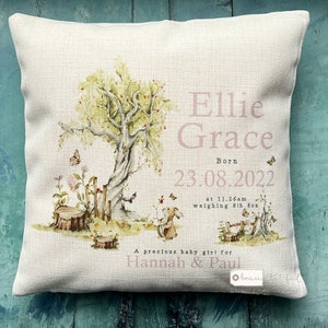 Personalised New Baby Girl Pink Sage Woodland Rabbit Design Home Quote Linen Style Cushion cover - Newborn - Birth - Baby Girl