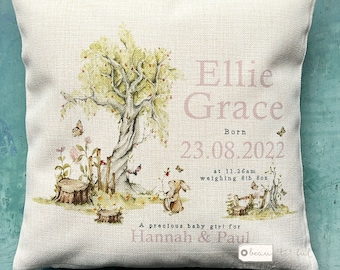 Personalised New Baby Girl Pink Sage Woodland Rabbit Design Home Quote Linen Style Cushion cover - Newborn - Birth - Baby Girl