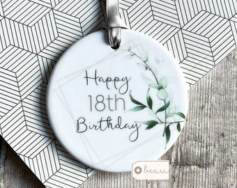 Personalised Happy Birthday Milestone 18 21 30 40 50 Modern Greenery Design Ceramic or Acrylic Round Decoration Ornament Wedding Keepsake