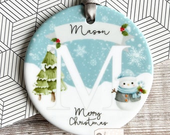 Personalised Merry Christmas Snowman Snowflake Design Acrylic or Ceramic Tree Ornament Keepsake Gift