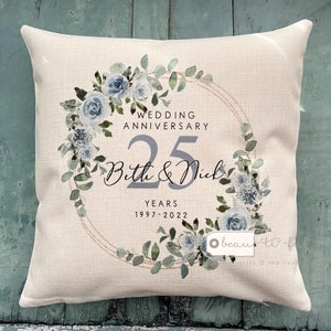 Personalised Wedding anniversary 25th 50th 1st 40th 10th Home Pale blue floral Eucalyptus Design Home Quote Linen Style Cushion cover