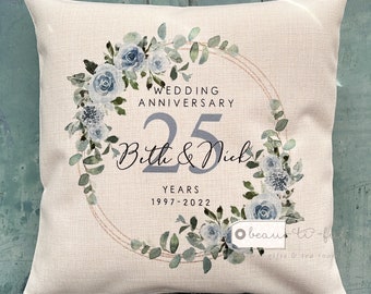 Personalised Wedding anniversary 25th 50th 1st 40th 10th Home Pale blue floral Eucalyptus Design Home Quote Linen Style Cushion cover