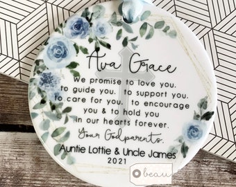 Personalised Promise to Godchild Christening Baptism Gift Baby Pale blue floral Design Round Ornament Keepsake Godson Goddaughter Godparent
