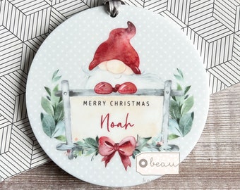 Personalised Merry Christmas Santa Gnome Signpost Design Acrylic Round Ornament Keepsake Tree Decoration Child boy girl gift