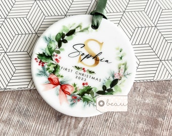 Personalised 1st First Christmas Gift New Baby Boy Girl Newborn Bow wreath Design Ceramic or Acrylic Round Ornament Keepsake