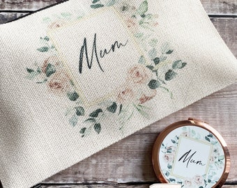 Personalised Name Peach Floral Design Linen style Fabric Make up Bag Birthday gift for her mum gift sister friend