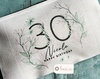 Personalised Name and initial Greenery Design Linen style Fabric Make up Bag milestone 18 21 30 40 50 60 Birthday gift for her sister friend