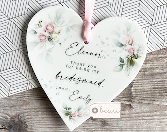 Personalised Thank you Bridesmaid Flower Girl Maid of Honour Pink roses Greenery Design Acrylic Heart Decoration Ornament Wedding Keepsake