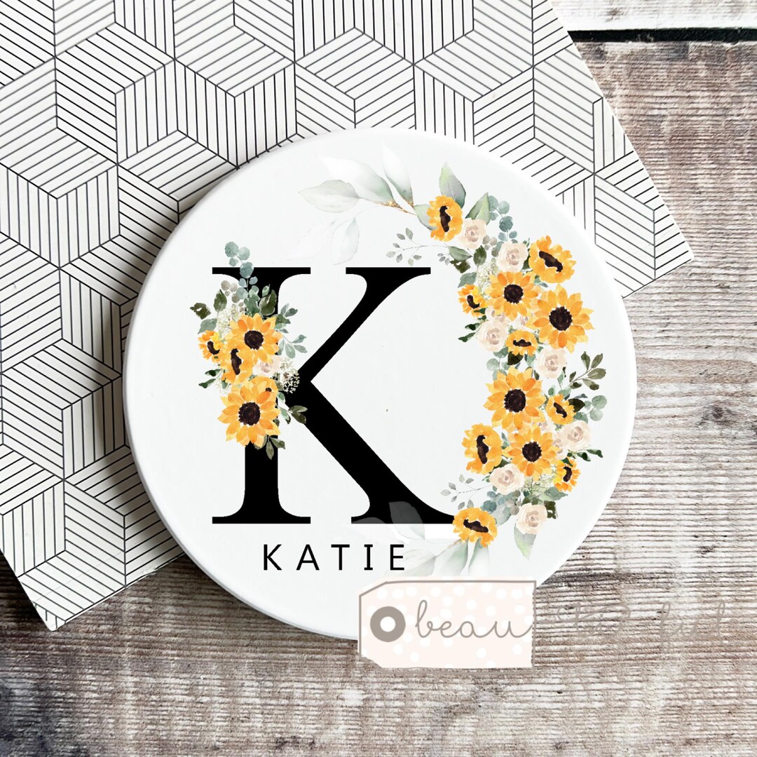 Personalised Sunflower Initial Coaster Name Coaster Drinks Coaster ...