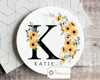 Personalised Sunflower Initial coaster Name coaster Drinks coaster Birthday gift Ceramic Coaster Friend gift Home gift Gift for her
