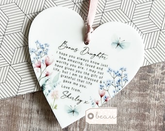Personalised Bonus Daughter Step daughter from bonus mum Stepmum stepmom Thank you wildflowers Greenery Acrylic heart Ornament Keepsake