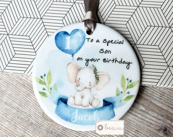 Personalised Happy Birthday Age Gift Son Godson Grandson Nephew Blue Elephant Greenery Ceramic or acrylic Round Decoration Ornament Keepsake