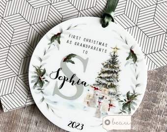 Personalised First Christmas as Grandparents Gran Grandma Nanna New Baby Woodland rabbit Design Ceramic or Acrylic Round Ornament Keepsake