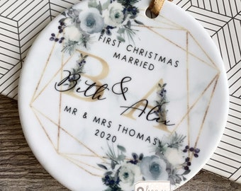 Personalised First Christmas Married Wedding gift Mr Mrs Newlywed Christmas floral design Ceramic or Acrylic Round Ornament Keepsake