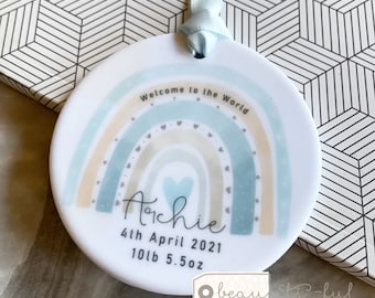 Personalised Welcome to the world New Baby Boy Girl Newborn Pink Grey Blue Rainbow Design Ceramic Round Ornament Keepsake