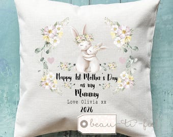 Personalised First Mother’s Day gift Mummy Nanny Grandma Momma Mommy Mammy Nanna Auntie 1st Bunny Floral Linen Style Cushion New baby