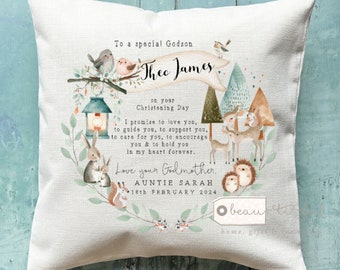 Personalised Christening Baptism Gift Promise to Godchild Godson Goddaughter animals woodland Linen Style Cushion Godparent Godmother