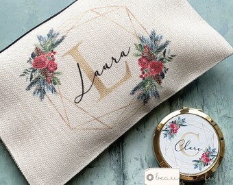 Personalised Name and initial Christmas Foliage Eucalyptus Design Linen style Fabric Make up Bag Birthday gift for her mum sister friend