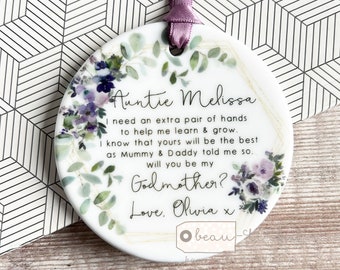 Personalised Will you be my Godmother Godfather Godparents Proposal Christening Baptism Mauve floral Greenery Ceramic or Acrylic Keepsake