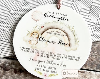 Personalised Promise to Godchild Christening Baptism Gift Baby Goddaughter Girl Rabbit Floral Balloon Ceramic or acrylic Ornament Keepsake