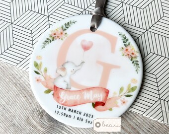 Personalised New Baby Gift Girl Newborn Pink Floral Elephant Design Ceramic or Acrylic Round Ornament Keepsake Goddaughter Granddaughter