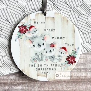Personalised Family Christmas Koala Greenery Design Acrylic or ceramic Round Ornament Keepsake Tree decoration gift
