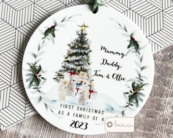 Personalised First Christmas as a family of 4 Mummy Daddy Mammy Mommy New Baby Woodland scene Ceramic or Acrylic Round Ornament Keepsake